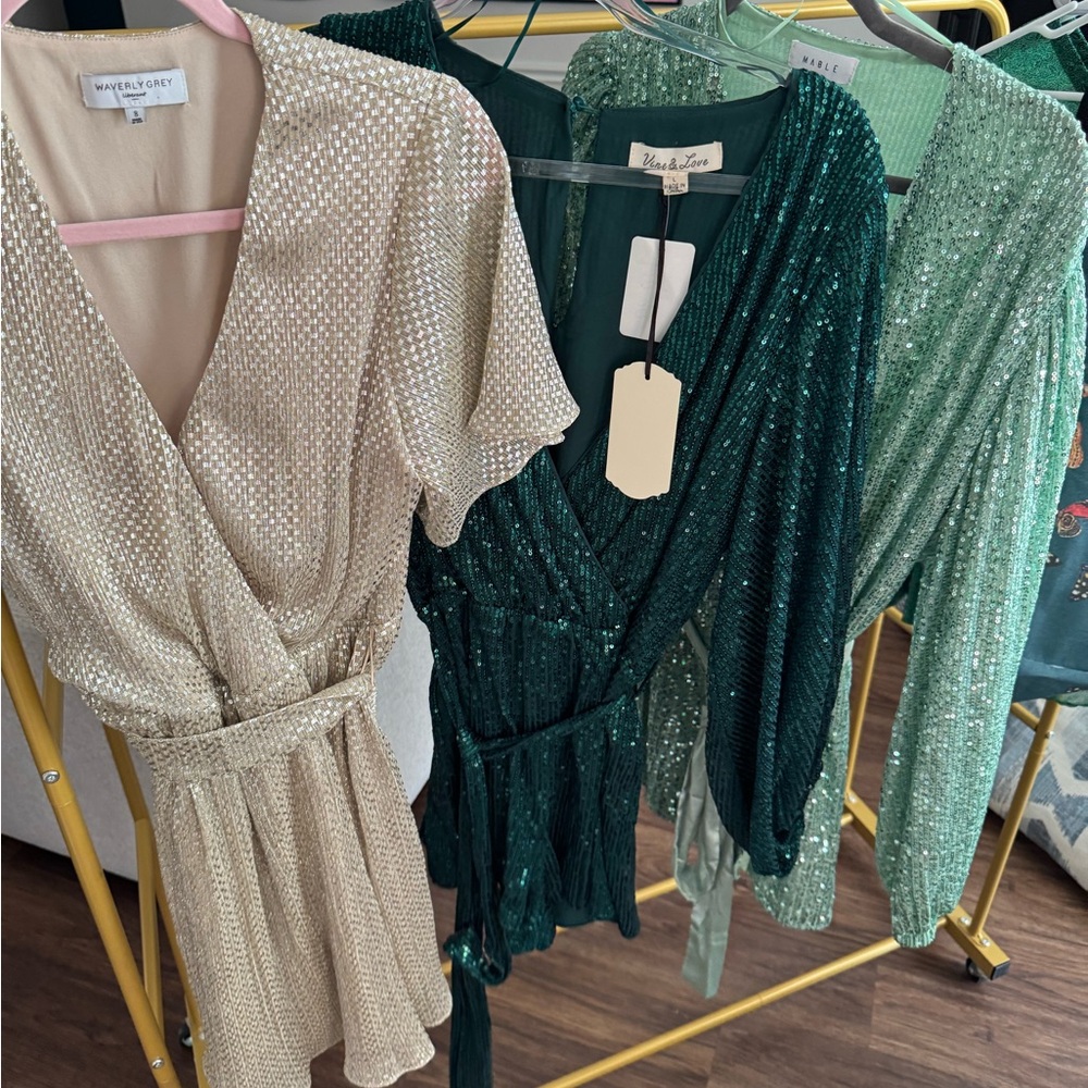 Sequin Wrap Dresses in Cream and Green